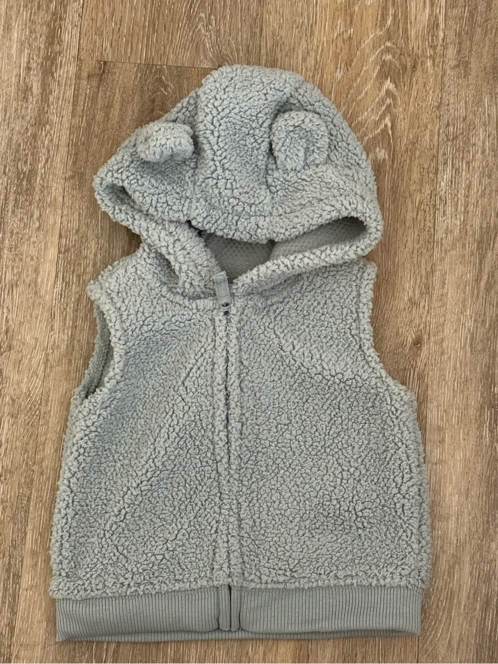 Carters Baby Boy Teddy Fleece Hooded Vest 3D Ears Blue Gray Full Zip 9M